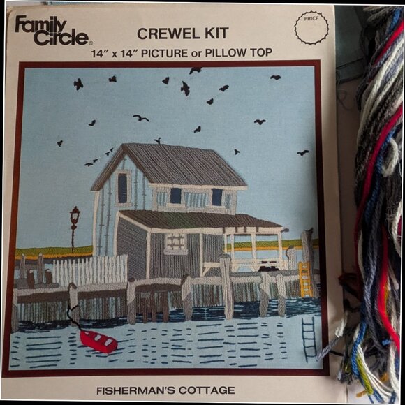 Vintage Family Circle Crewel Kit: Fisherman's Cottage - 1973 - Imperfect - Picture 2 of 4